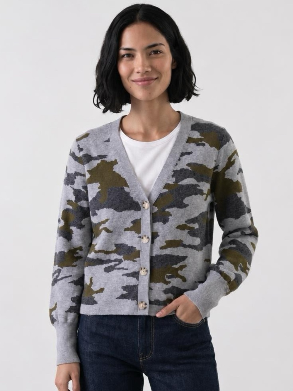 VINCE CAMUTO Cardigan Sweater Camouflage V-Neck Long Sleeve Grey/Green Women M